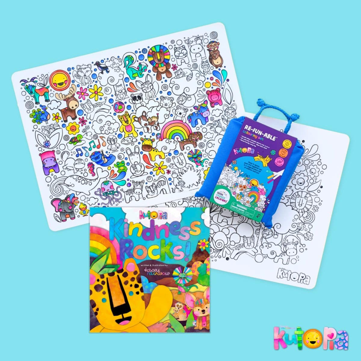 Image features a double-sided silicone colouring mat with cute animals. The packaging is multi-coloured and displays logos for Little Change Creators and Kutopia by Kasey Rainbow.