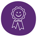 Purple icon featuring a rosette with smiling face to represent a happiness guarantee