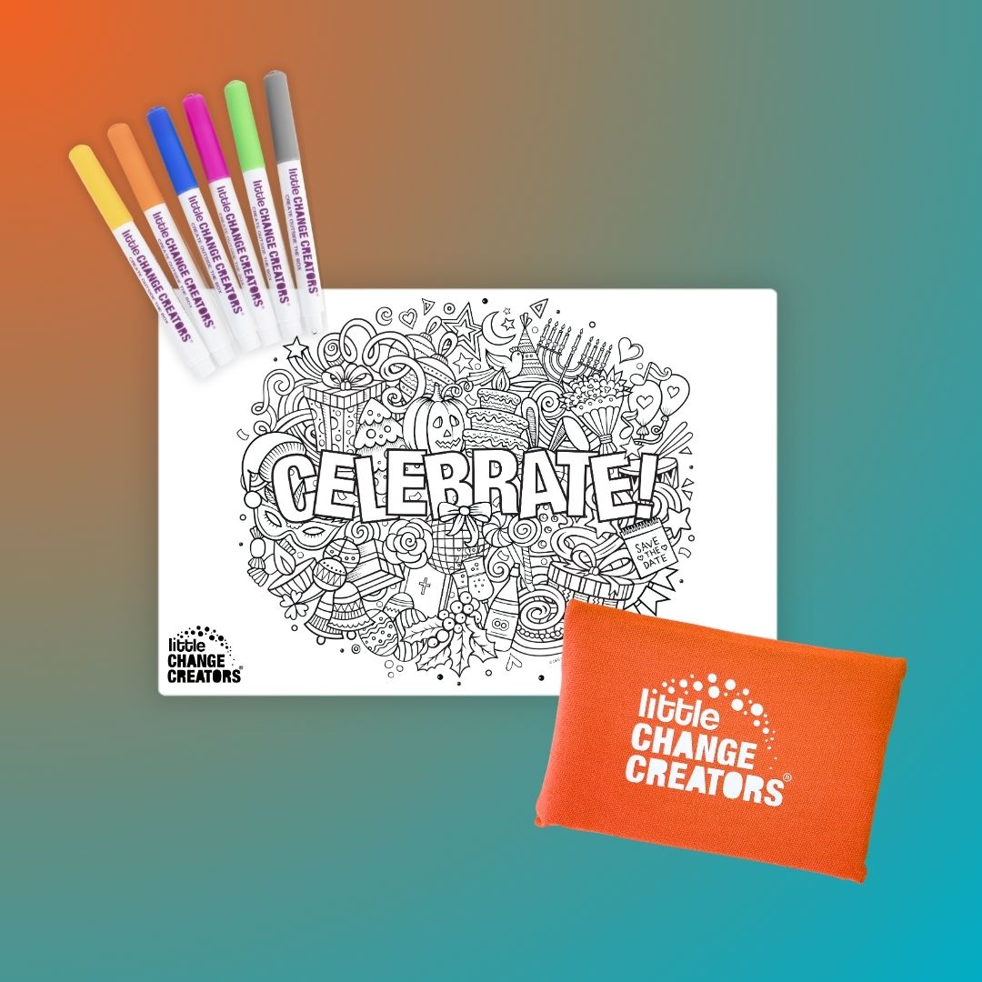 Kids' Party-themed Double-sided Reusable Silicone Colouring Mat with Markers and orange fabric pouch.