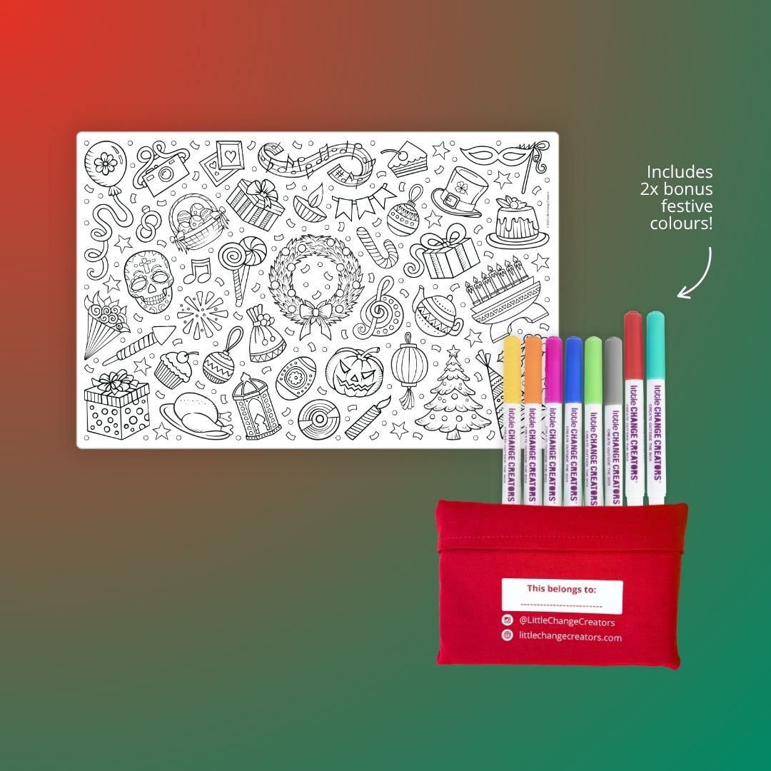 Silicone drawing mat with a Christmas Party theme. Illustrations include birthday balloons, party hats, Christmas baubles, Easter baskets, music notes, fireworks, etc. Comes with 8 coloured pens and a red fabric pouch.