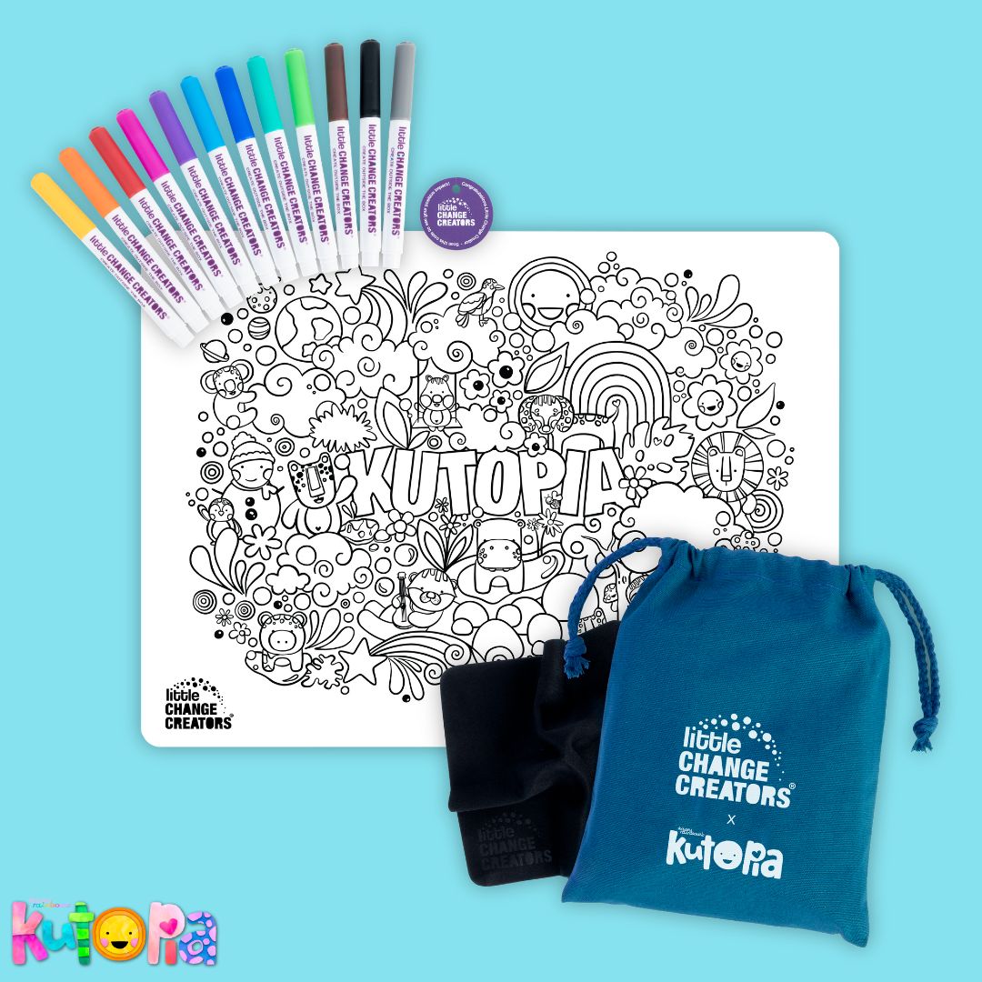 A Kutopia reusable colouring mat with Australian artist Kasey Rainbow's illustration. The design includes images of cute animals such as leopards and lions as well as a rainbow and sun. The set comes with multi-coloured markers and a blue fabric pouch.