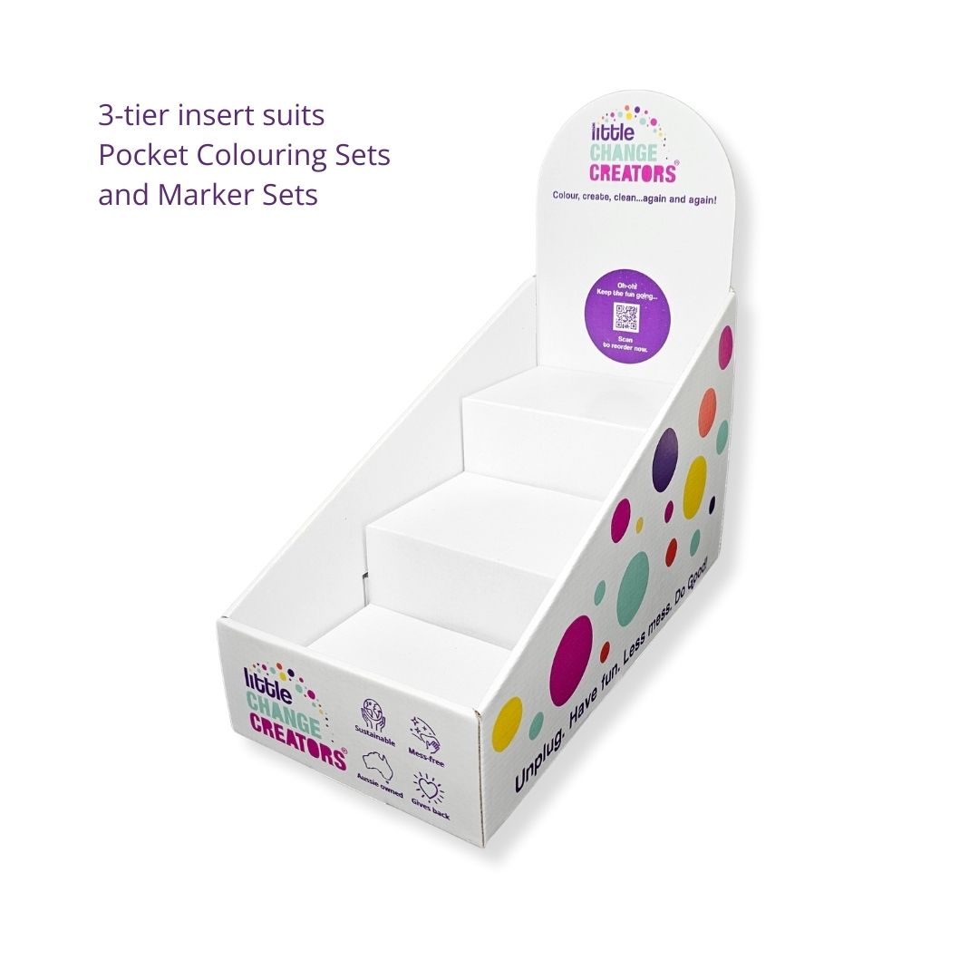 Little Change Creators Multi-Fit Countertop Display Box for Re-FUN-able Colouring Sets. This image shows the 3-tier configuration.