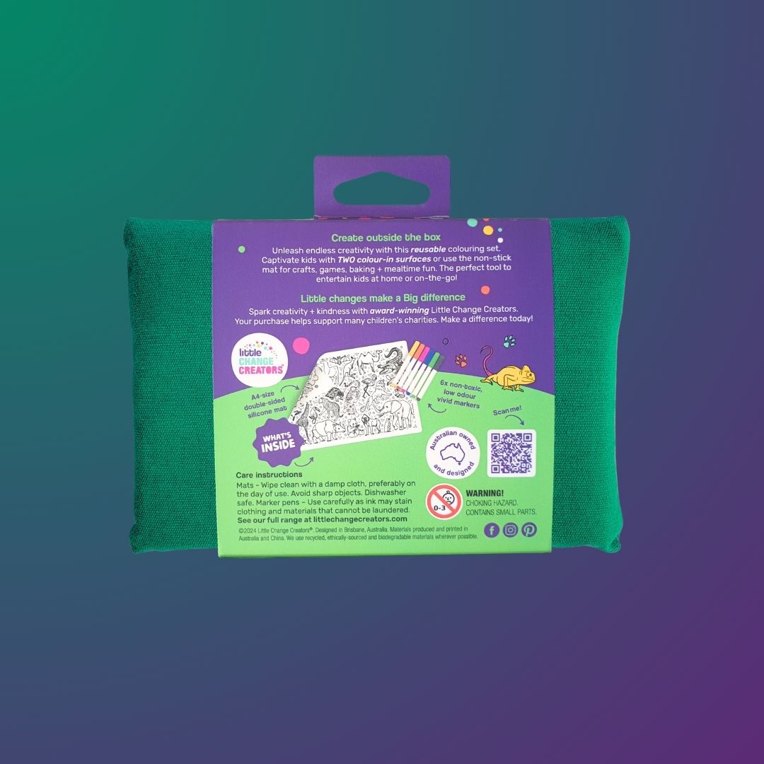 Little Change Creators Travel Colouring Kit featuring wildlife and animals. The colouring pack includes a double-sided silicone mat and 6 marker pens.