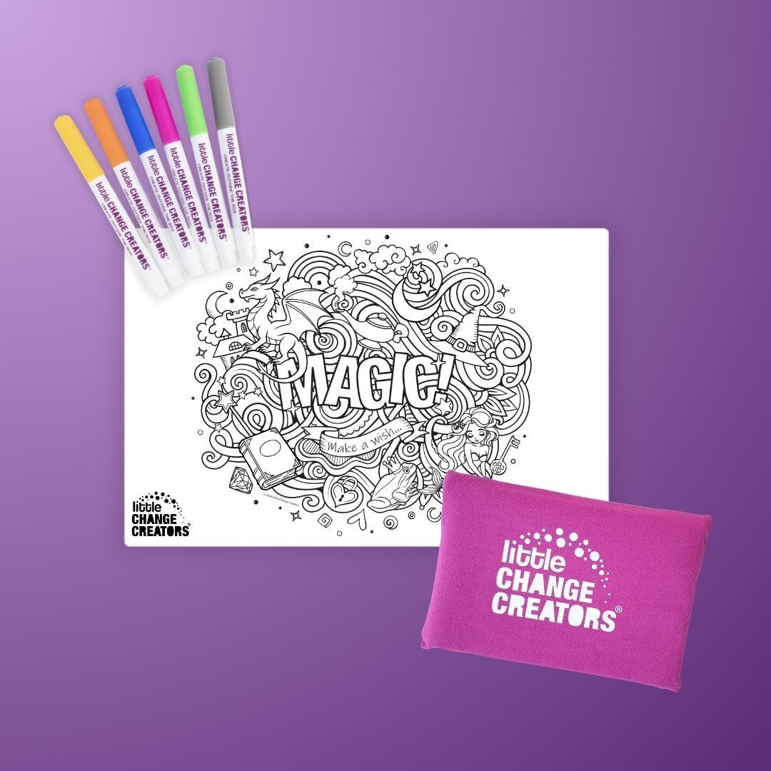 Little Change Creators Wipeable Colouring Mat with Fairytale theme featuring Mermaids, Dragons and Stars.