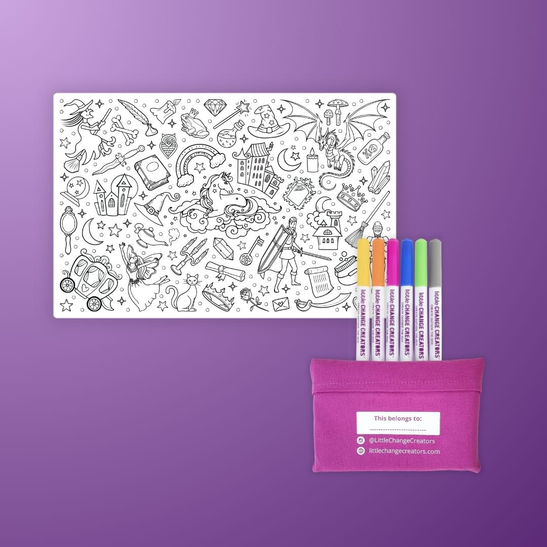 Little Change Creators Washable Colouring Mat with Fairytale theme. The silicone mat is illustrated with unicorns, rainbows, dragons, fairies, castles, witches and princesses. It comes with 6 markers and a pink carry case.