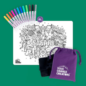 Safari reusable colouring mat showing front image, bag, markers, cloth and token