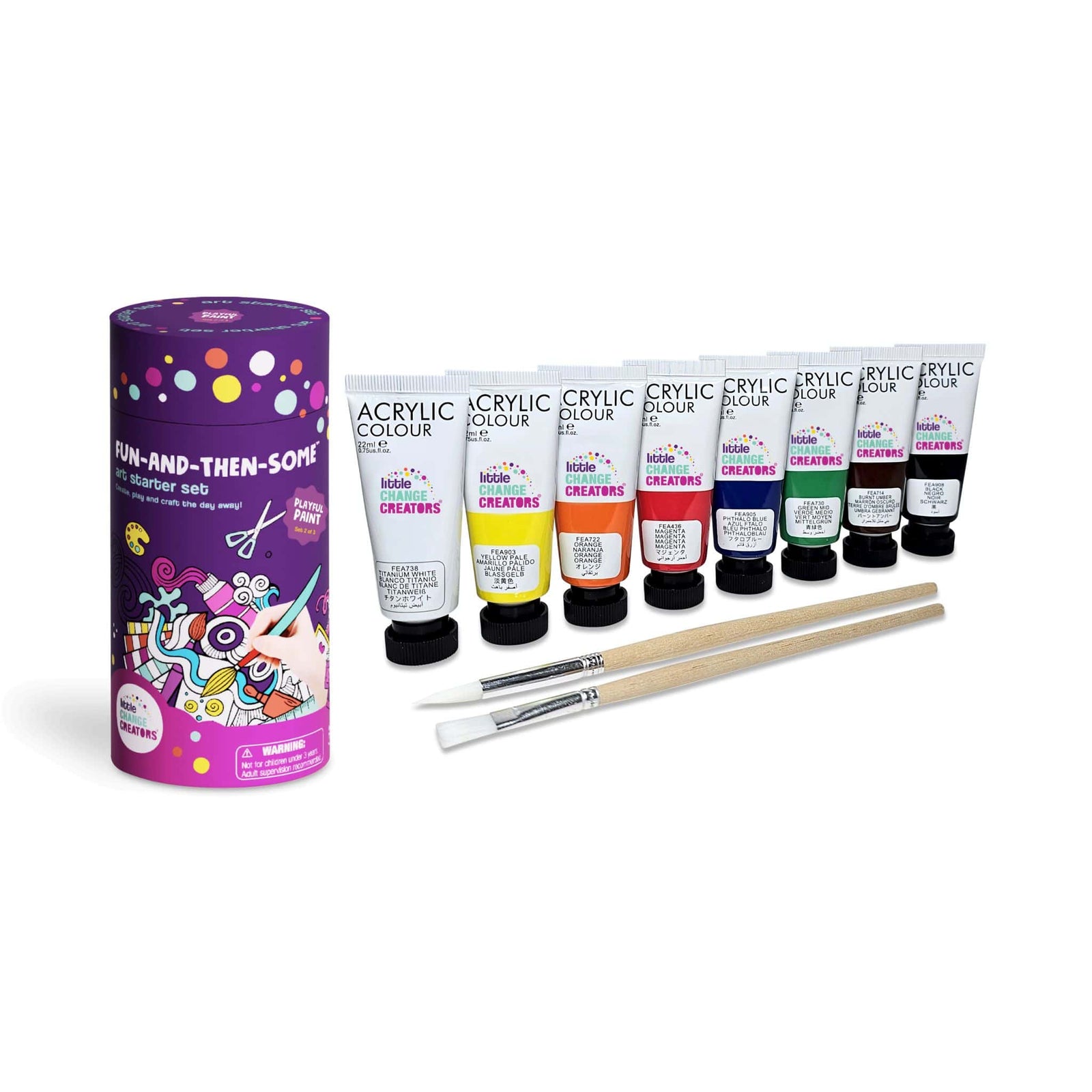 Children's Painting Gift Set with 8 multi-coloured tubes and 2 paint brushes. Comes with purple gift tube.