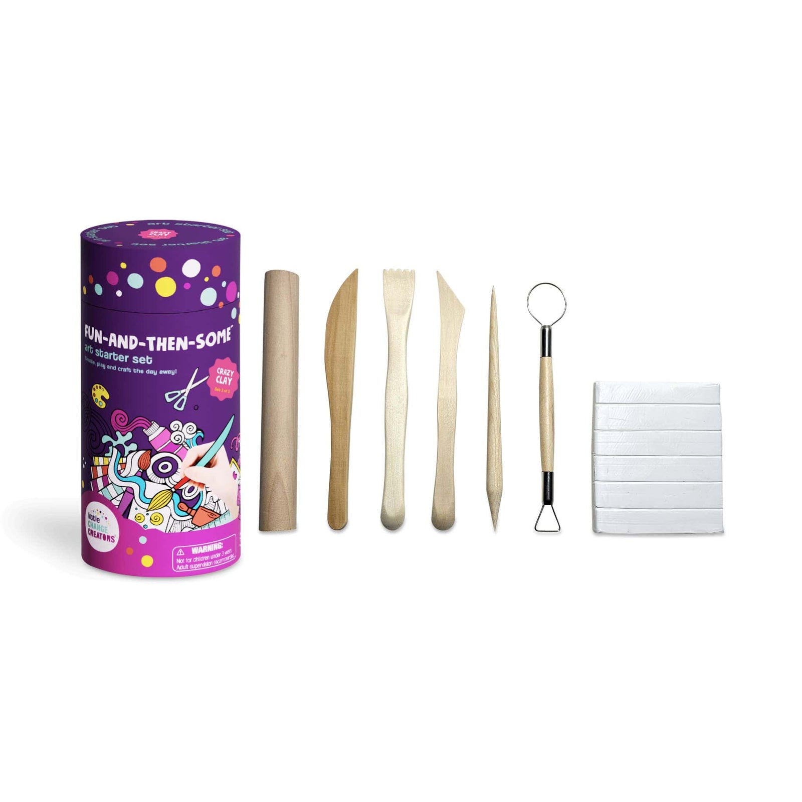 A children's clay-making set featuring clay tools and reusable clay. The items come in a colourful gift tube branded with Little Change Creators.