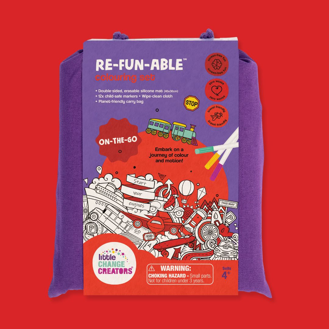 A transport-themed colouring activity set titled 'On-The-Go'.  The set includes a double-sided silicone colouring mat and 12 marker pens.  The packaging is red and purple and has a Little Change Creators logo.