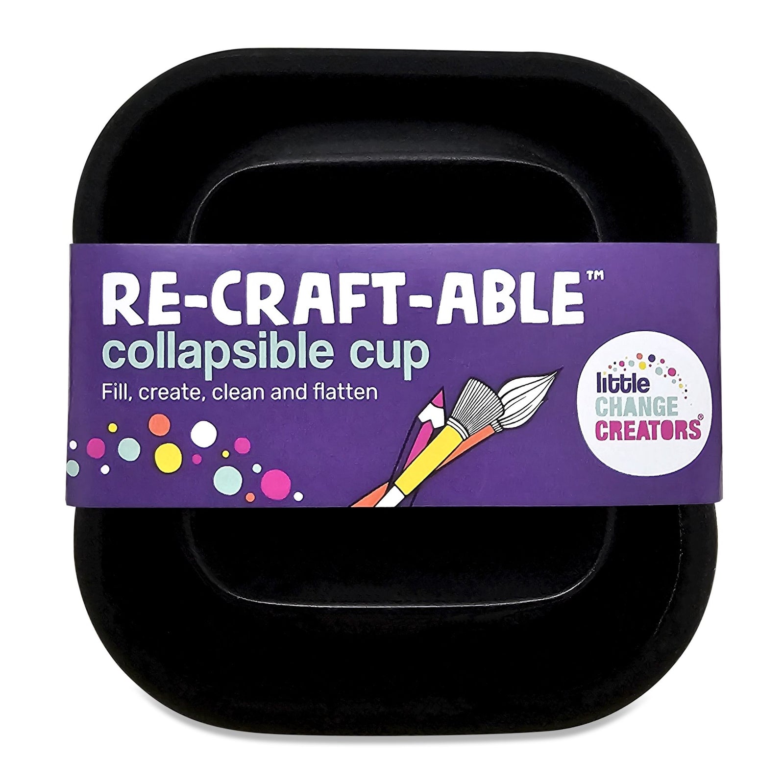 The image shows two black silicone cups that can flatten.  The cup on the left is upright and the cup on the right has been collapsed.