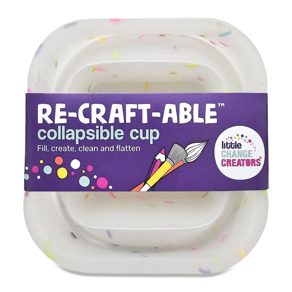 A collapsible silicone cup wrapped in packaging with the words 'Re-CRAFT-able Collapsible Cup' and a Little Change Creators logo.