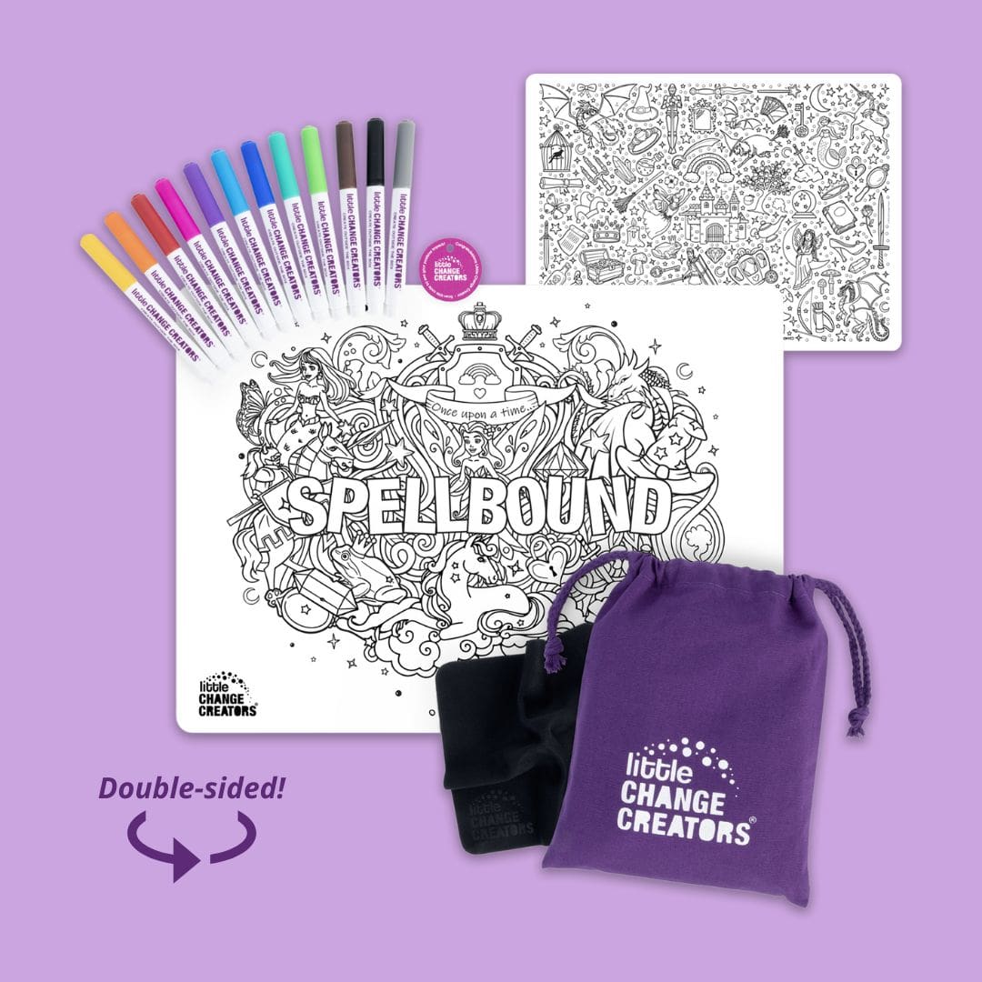 A silicone colouring mat featuring rainbows, unicorns, princesses, dragons, mermaids and fairytale characters.