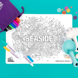 Seaside themed colouring set for childrens doodle and scribble mat fun