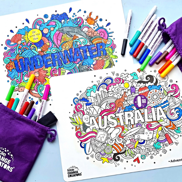 Underwater and Australia reusable colouring sets with detailed colouring, bag, cloth and markers
