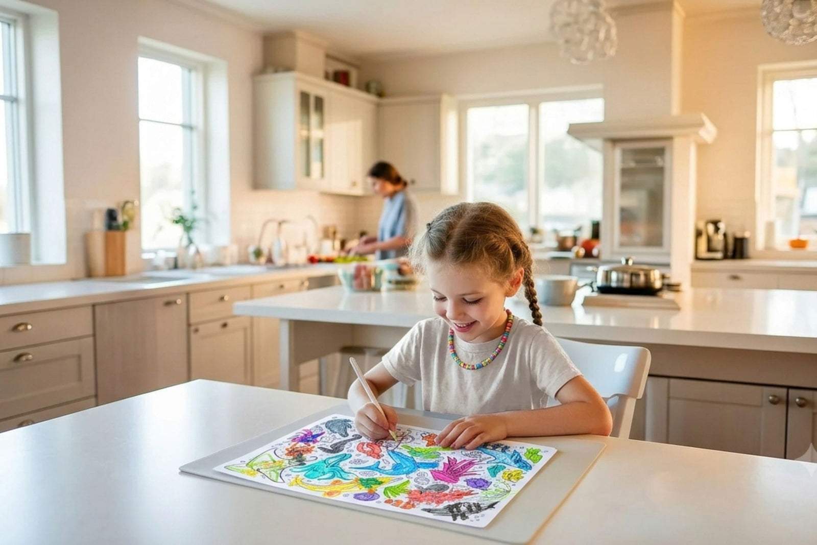 Child enjoying reusable creative play while mum prepares dinner in the kitchen