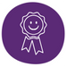 A purple icon featuring a rosette with a smiling face to imply a Happiness Guarantee.