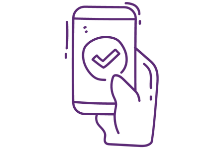 A purple doodle-style icon showing a hand holding a phone that is displaying a tick.