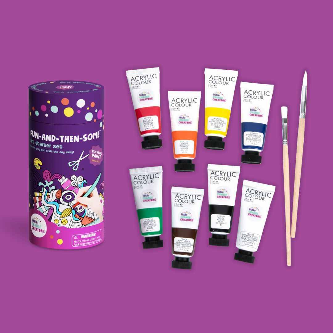 Beginner&#39;s Painting Set with 8 paint tubes, 2 brushes and a gift tube on a purple background.