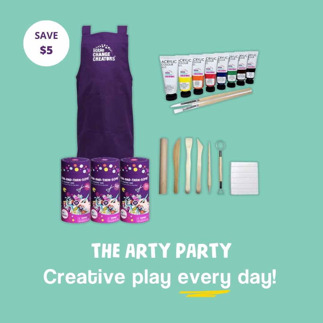 Art supplies including a purple apron, paint tubes, and tools on a teal background with promotional text.