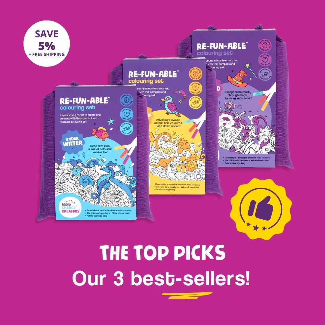 Best selling reusable silicone colouring and doodle mats on a purple background with promotional text.