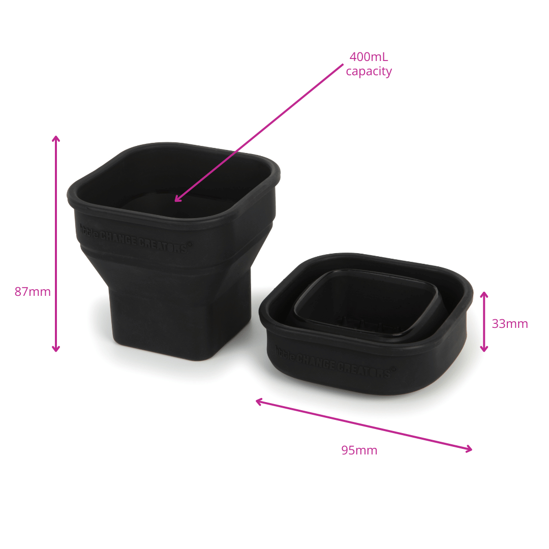 Black collapsible cup for painting made from silicone with dimension showing height and capacity.