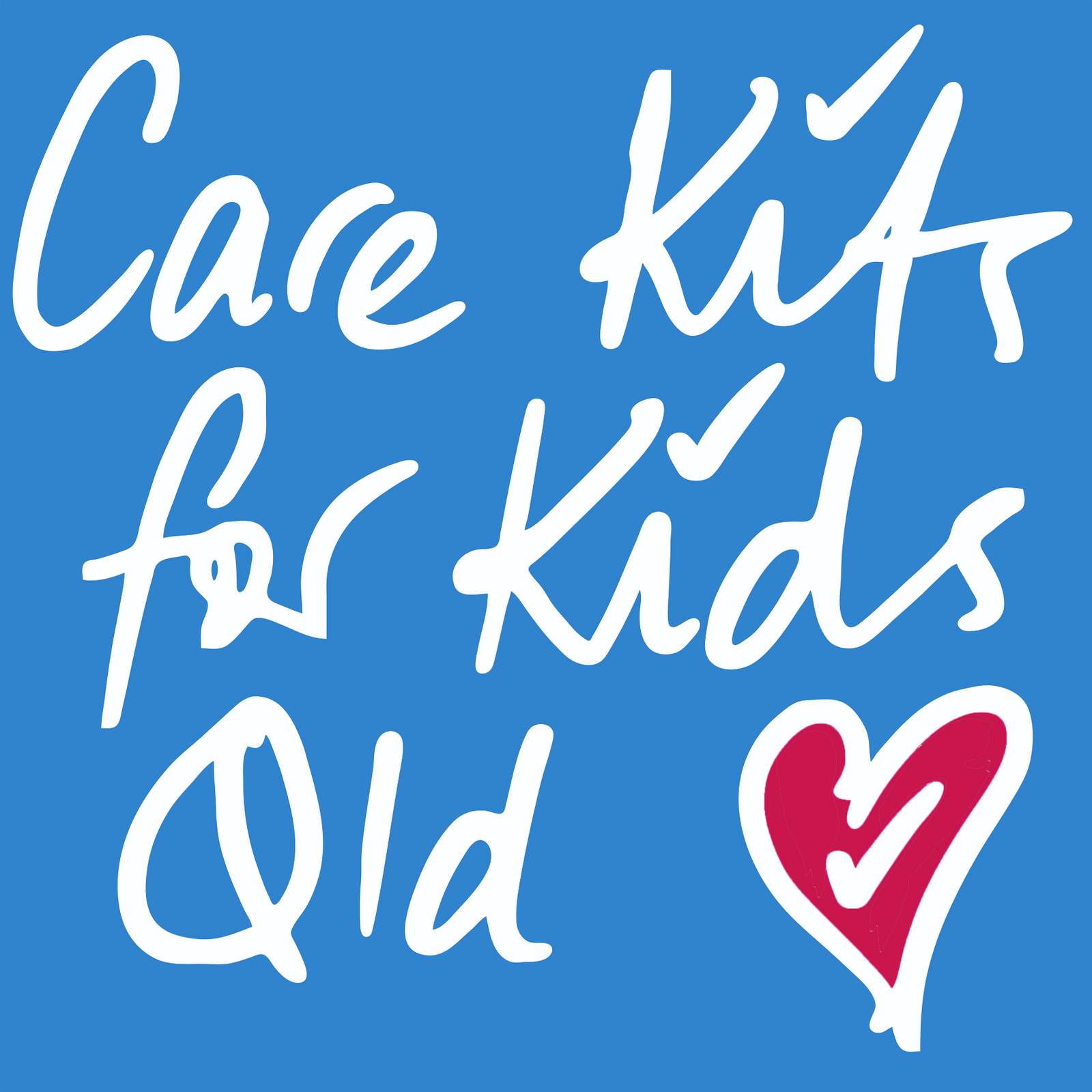 A blue square graphic with white handwritten text reading 'Care Kits for Kids Qld' and a red heart outline with a white check mark.