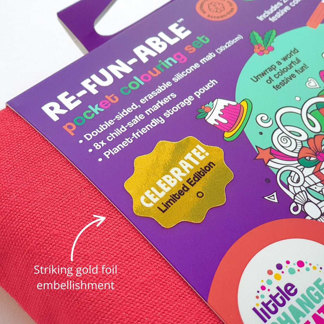 Gold foil embellishment on kids' colouring gift set.