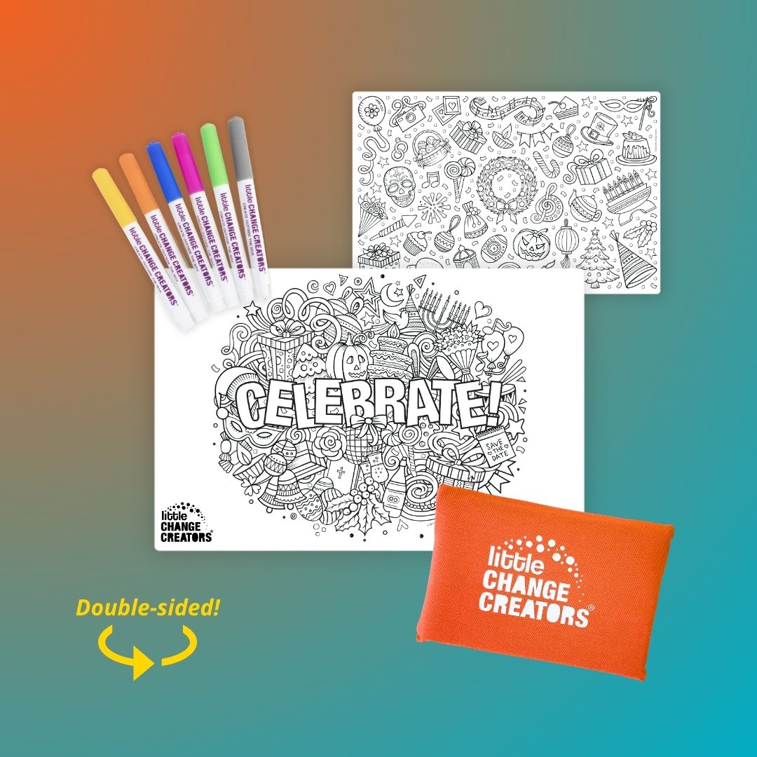 Celebration Party-themed Double-sided Silicone Colouring Mat with Markers and orange fabric pouch.