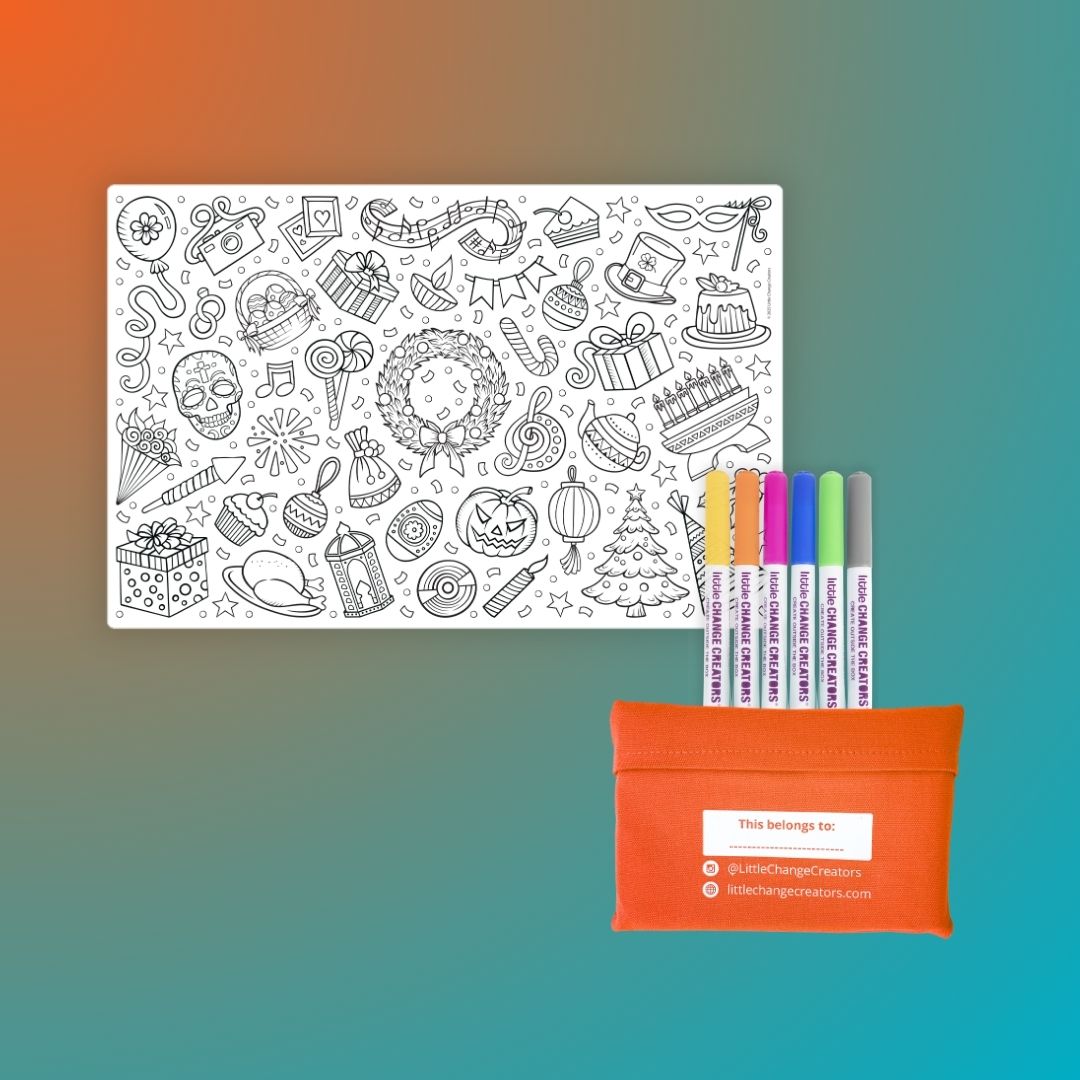 Celebration Party-themed Double-sided Silicone Colouring Mat featuring Christmas, Halloween, Eid, Chinese New Year, Thanksgiving, Easter, Birthdays and other festivities.