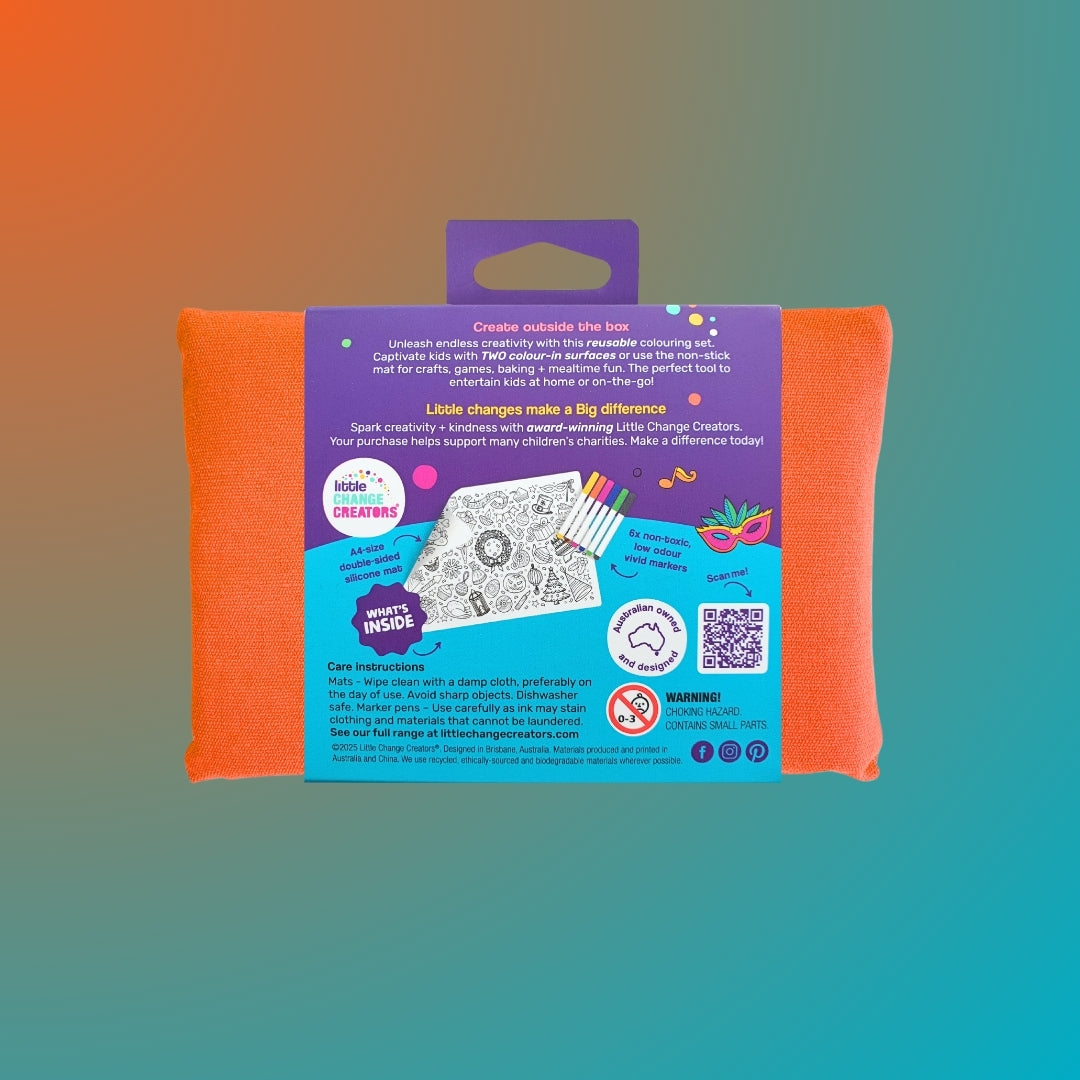 Celebration Party-themed Double-sided Silicone Drawing Mat with Markers and travel pouch.