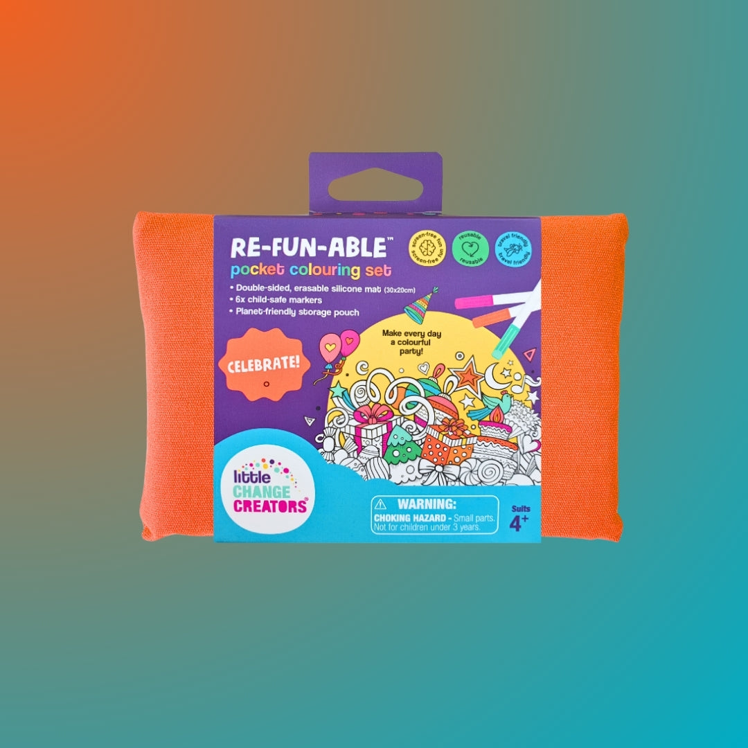 Celebration Party-themed Double-sided Silicone Colouring Mat with Markers and orange fabric pouch.
