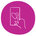 Pink Icon showing a finger pointing at a mobile phone displaying a heart doodle