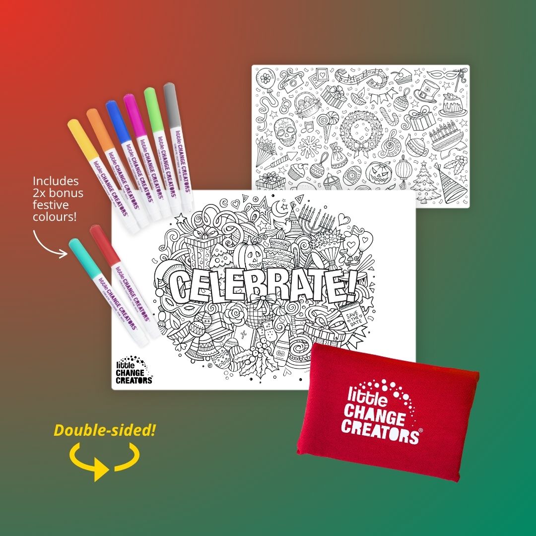 Christmas-themed Silicone Colouring Mat with 8 Markers and red fabric pouch.