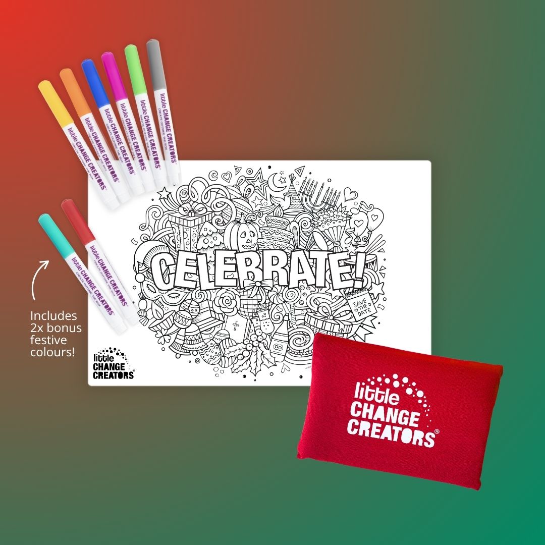 Silicone colouring mat with festive design featuring Christmas, Birthday Party, Halloween, Hanukkah, Carnival, Easter, Diwali, etc.  Comes with 8 coloured markers and a red storage pouch.