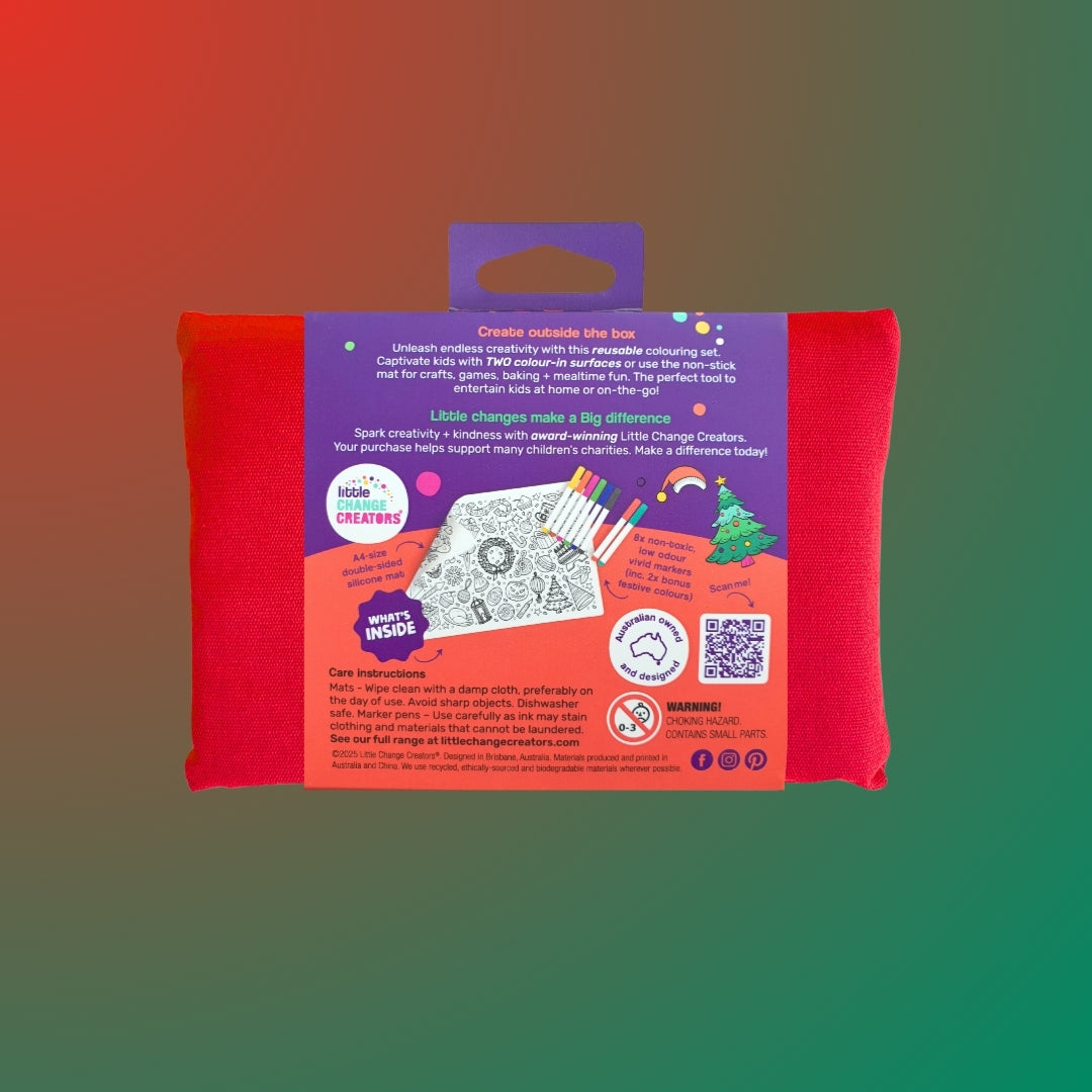 Kids colouring activity gift set including a double-sided reusable silicone mat, 8 coloured marker pens and a red fabric gift bag.