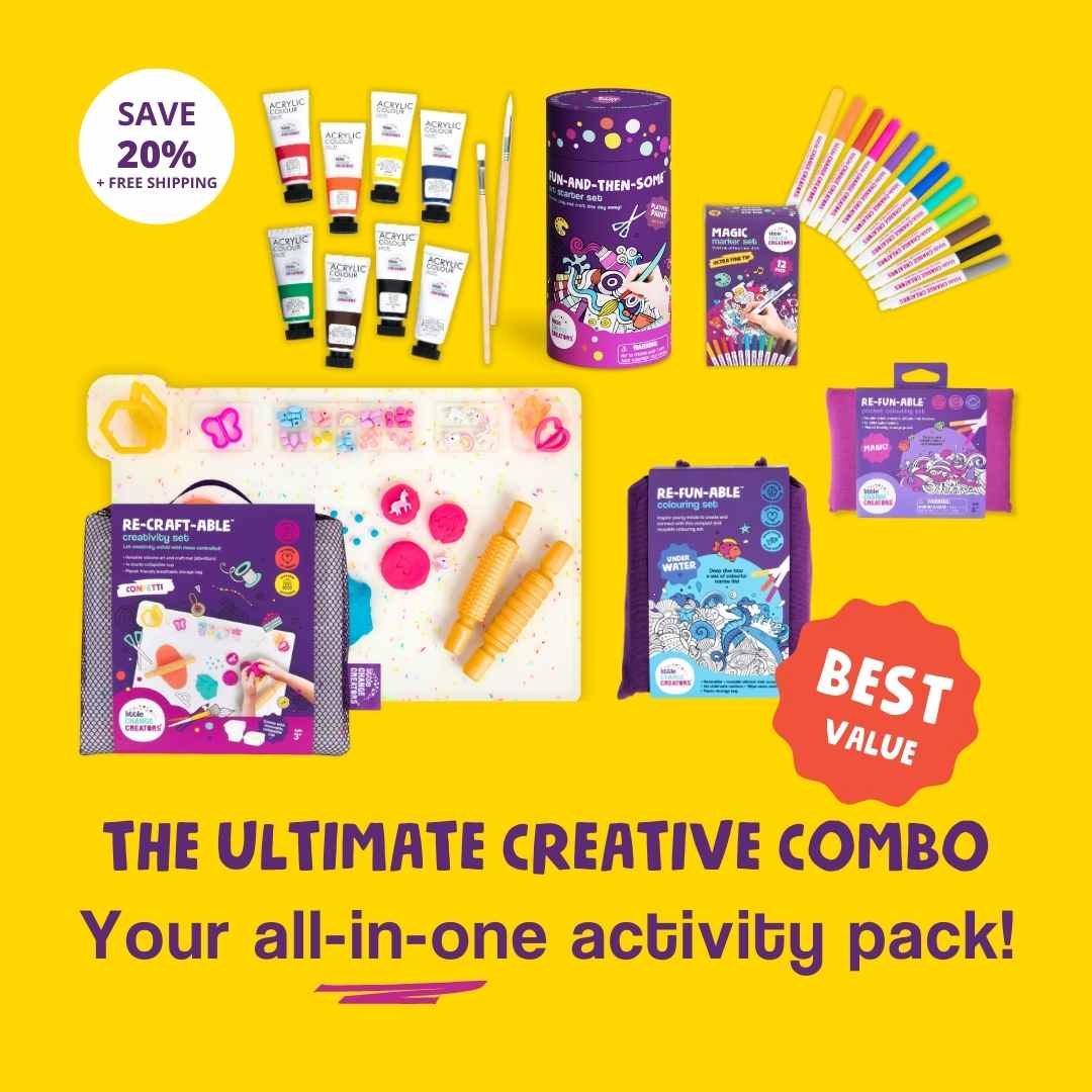 Collection of art supplies on a yellow background with promotional text.