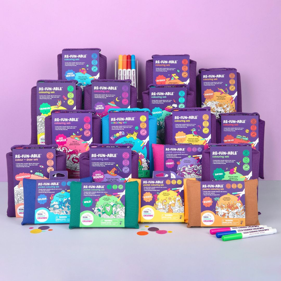Collection of reusable colouring kits on a light purple background.