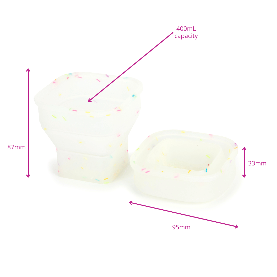 Confetti collapsible cup for painting made from silicone with dimension showing height and capacity.