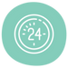 A green icon featuring a clock face and the number 24 to denote all-day convenience.