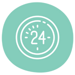 A green icon featuring a clock symbol with the number 24 to represent convenience