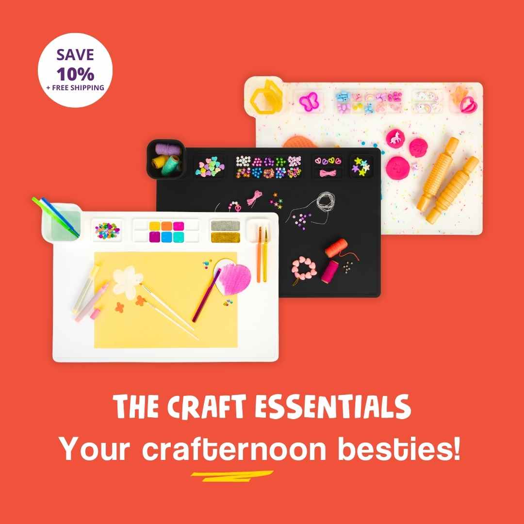 Craft supplies and silicone painting mats on an orange background with promotional text