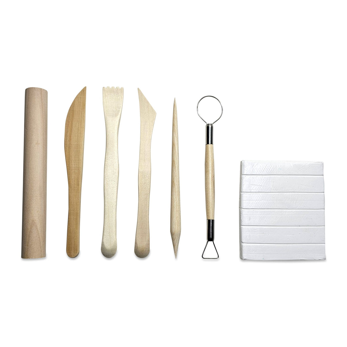 Clay tools and a block of white clay.