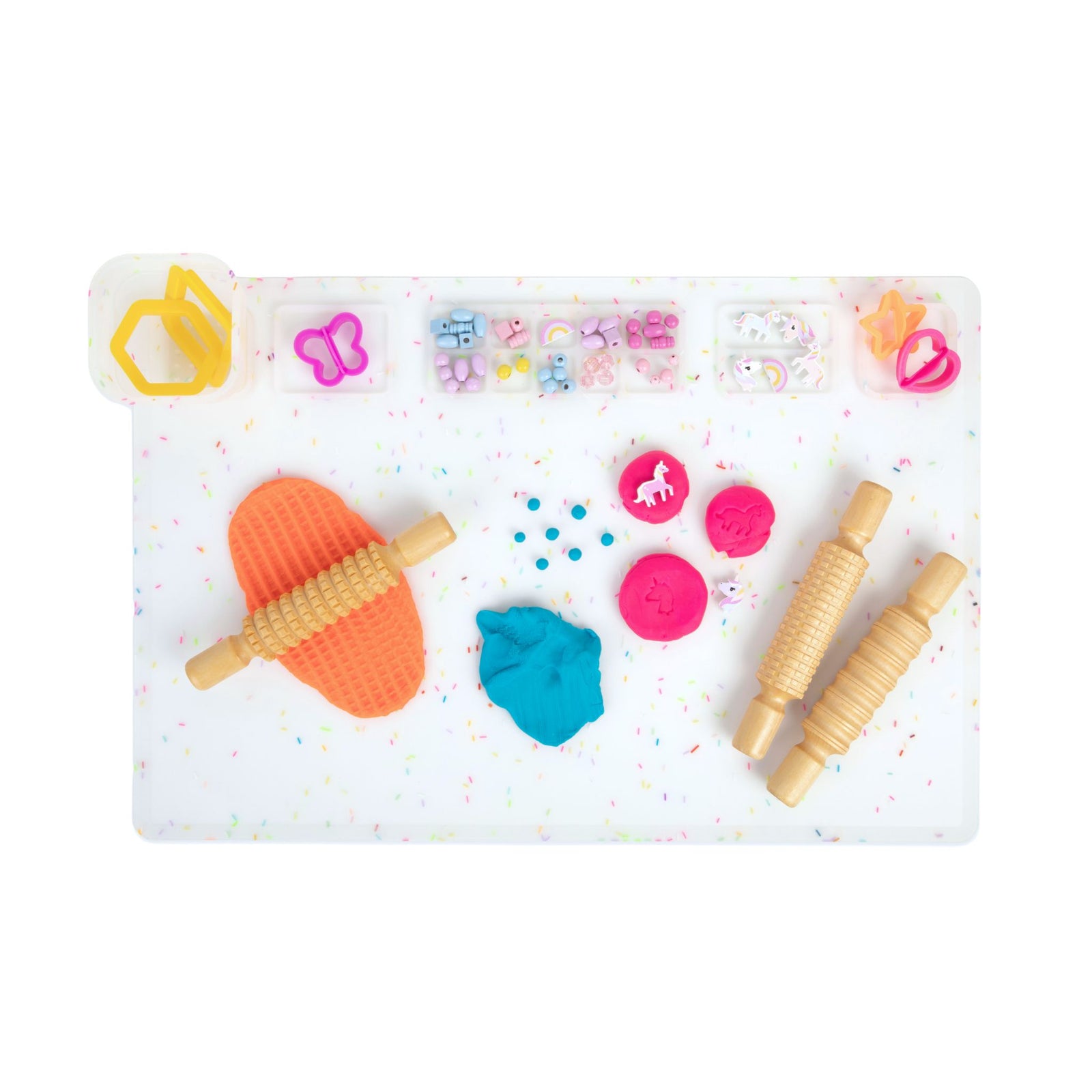 A white silicone art and craft mat with multi-coloured sprinkles pattern. Image includes the Australian Toy Association Environmental & Sustainability Award.