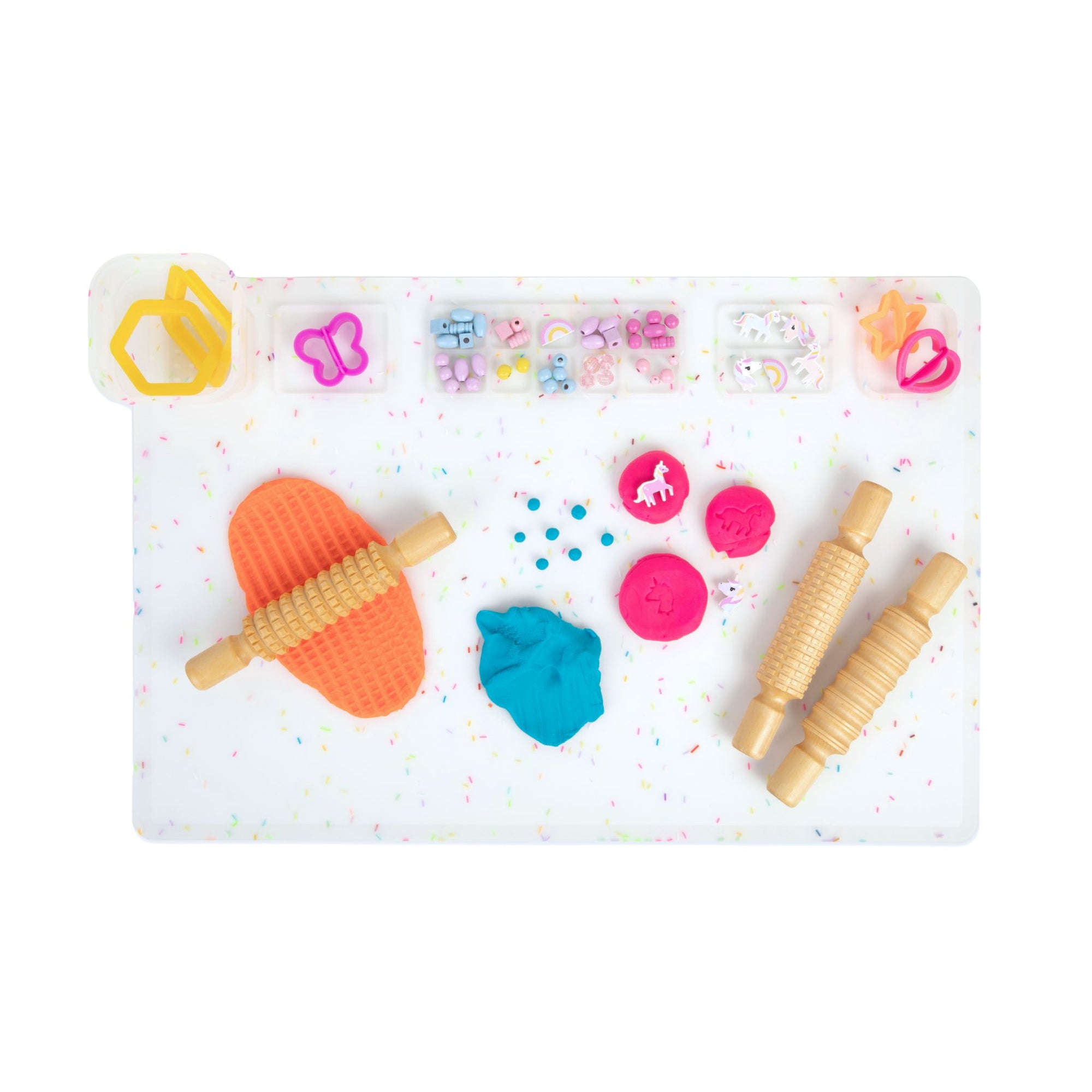 A multi-coloured silicone painting and craft mat shown in use with playdough, wooden rolling pins and beads.