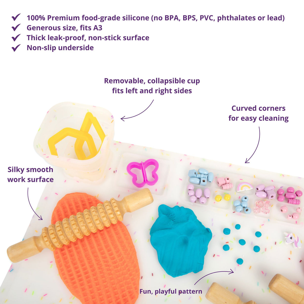 A silicone sensory mat featuring multi-coloured sprinkles.  The image shows it being used for playdough and sensory activities.