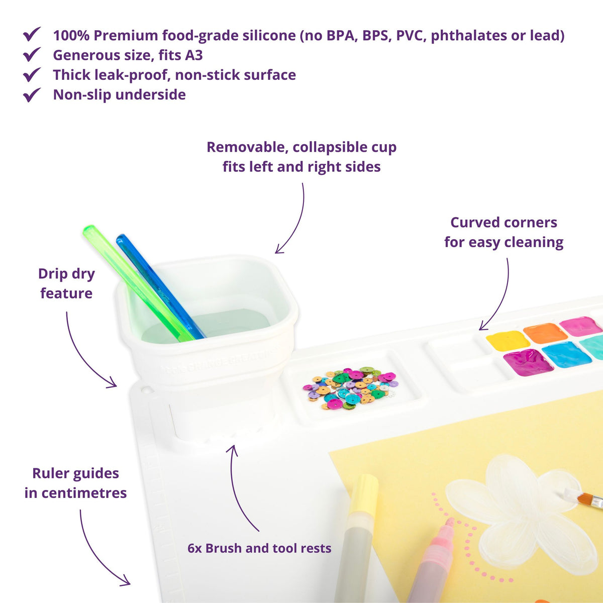 Image shows a white painting mat with annotations explaining the features that will enhance childrens&#39; creative play.
