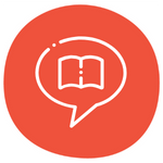 Orange Icon featuring a book symbol inside a speech bubble
