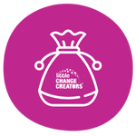 A pink icon featuring a drawstring pouch and the Little Change Creators logo