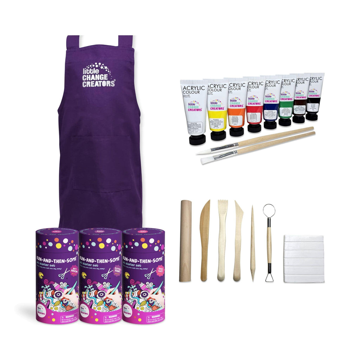 A gift set of art and craft supplies including a purple apron, paint tubes, clay and sculpting tools.