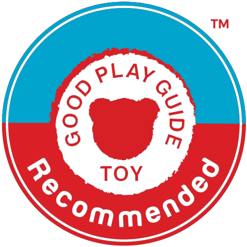A round red and blue badge with a red teddy bear silhouette and the words 'Good Play Guide Toy - Recommended'.
